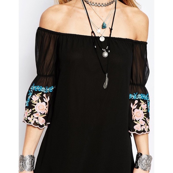 ASOS NWT Off The Shoulder Black & Floral Sleeve Dress - Picture 2 of 4